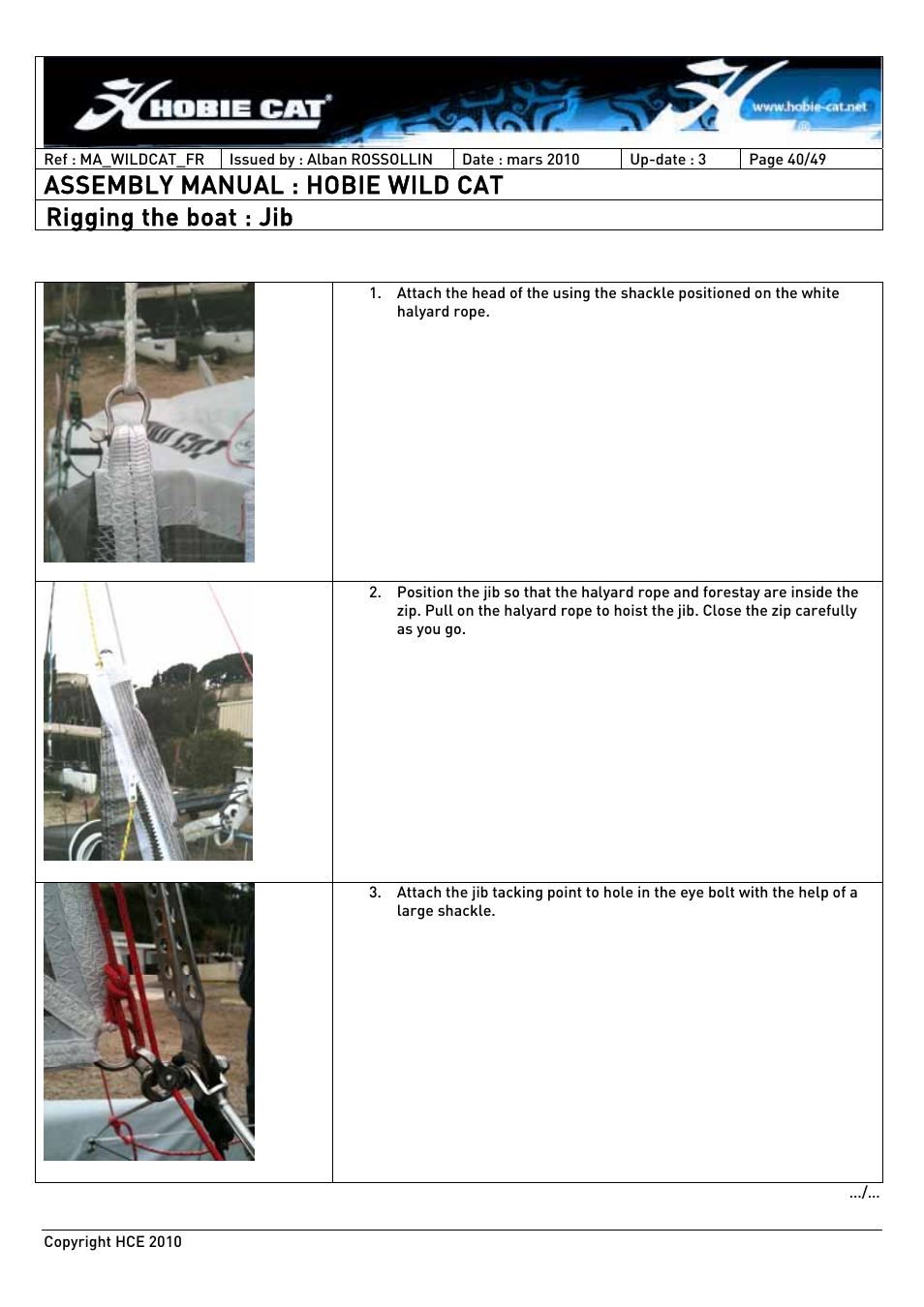 Assembly manual : hobie wild cat, Rigging the boat : jib | Hobie HCE 2010 User Manual | Page 40 / 49