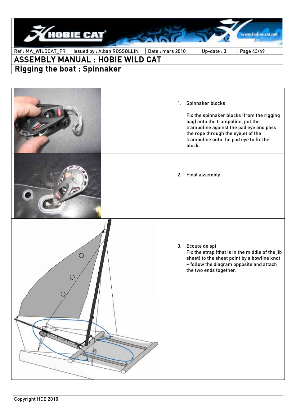 Assembly manual : hobie wild cat, Rigging the boat : spinnaker | Hobie HCE 2010 User Manual | Page 43 / 49