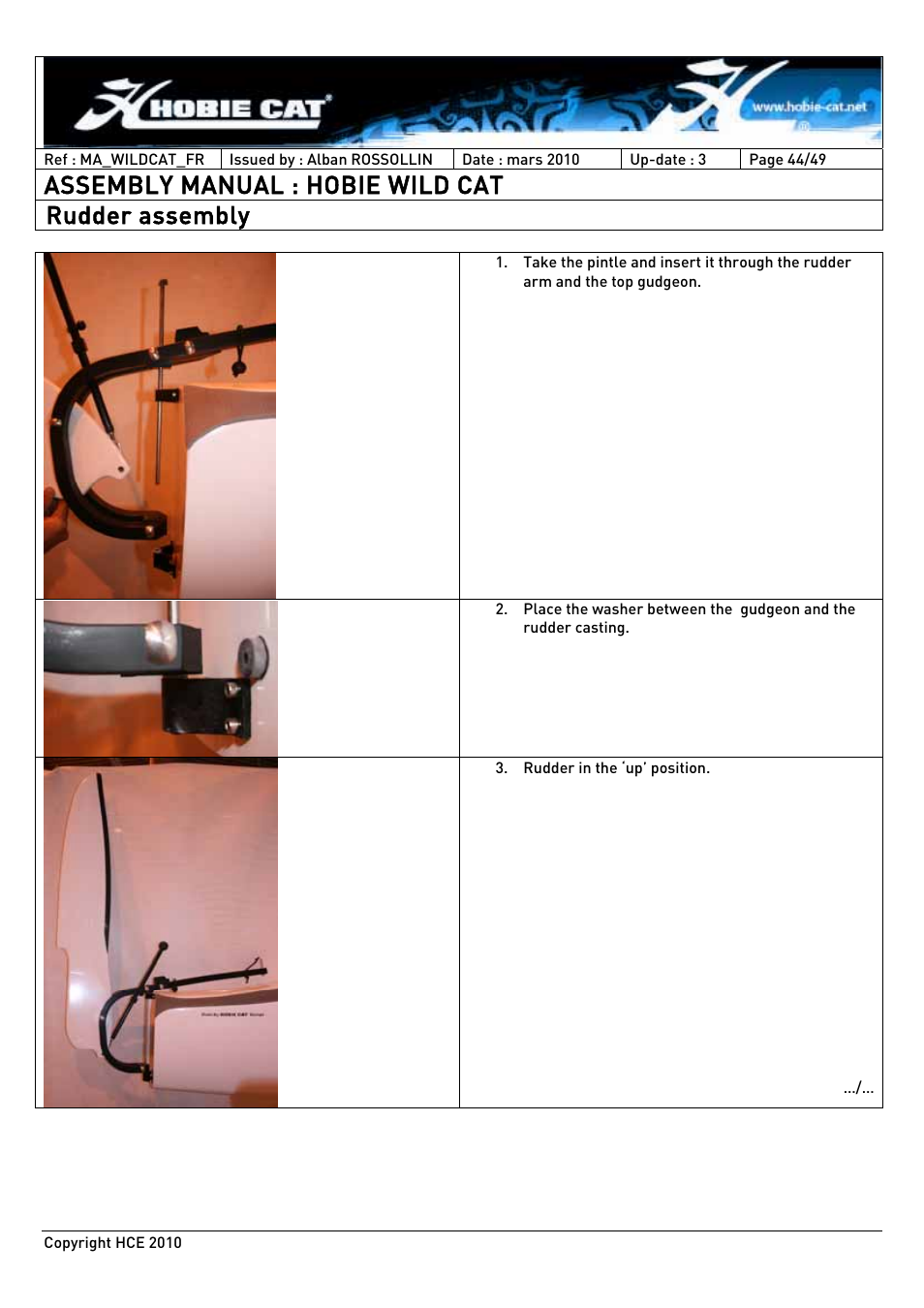 Assembly manual : hobie wild cat, Rudder assembly | Hobie HCE 2010 User Manual | Page 44 / 49