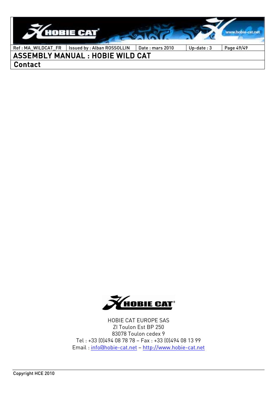 Assembly manual : hobie wild cat, Contact | Hobie HCE 2010 User Manual | Page 49 / 49