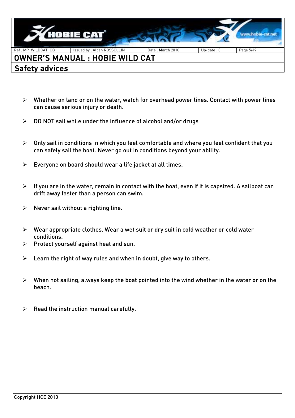 Owner’s manual : hobie wild cat, Safety advices | Hobie HCE 2010 User Manual | Page 5 / 49