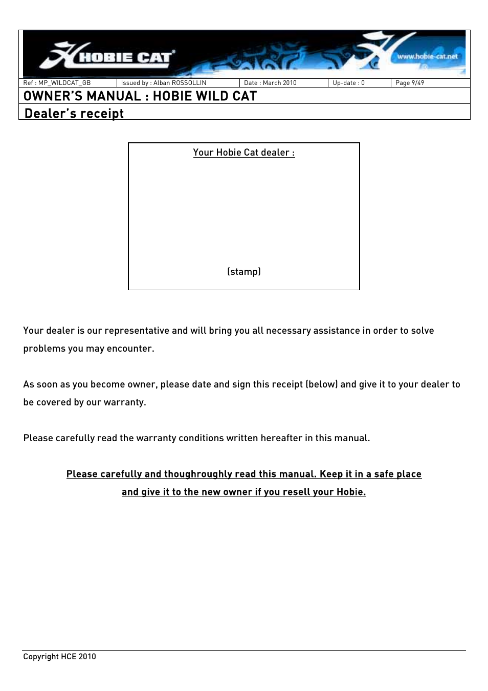 Owner’s manual : hobie wild cat, Dealer’s receipt | Hobie HCE 2010 User Manual | Page 9 / 49