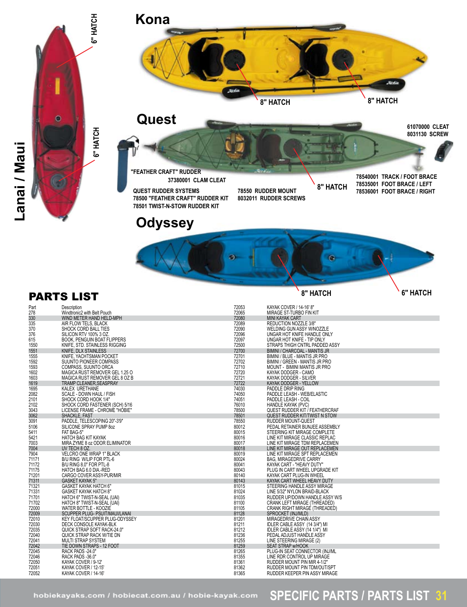 Lanai / m aui, Kona quest odyssey, Parts list | Hobie Paddle User Manual | Page 6 / 6