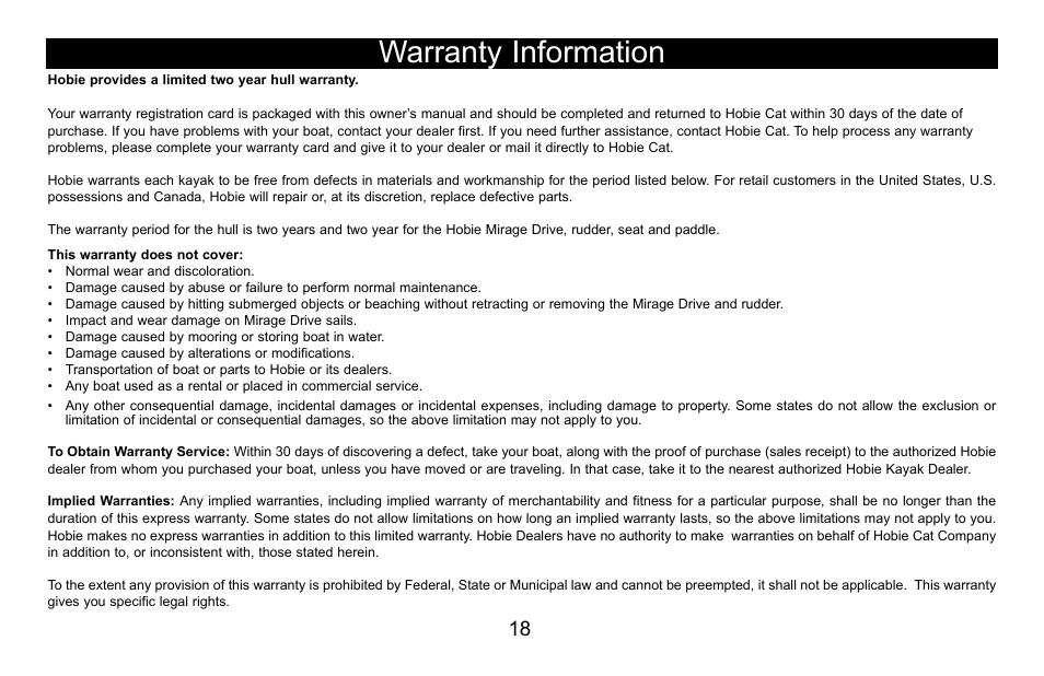 Warranty information | Hobie I12S User Manual | Page 19 / 20