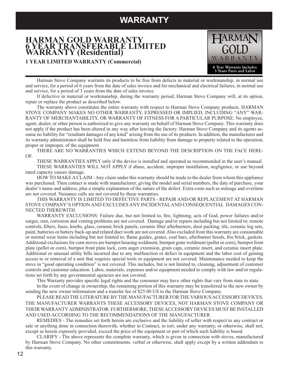 Warranty | Harman Stove Company 3-90-70738 User Manual | Page 12 / 13