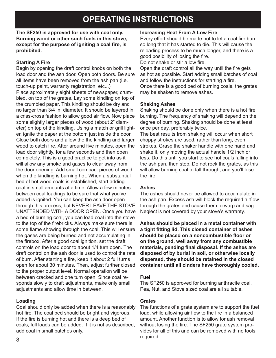 Operating instructions | Harman Stove Company 3-90-70738 User Manual | Page 8 / 13