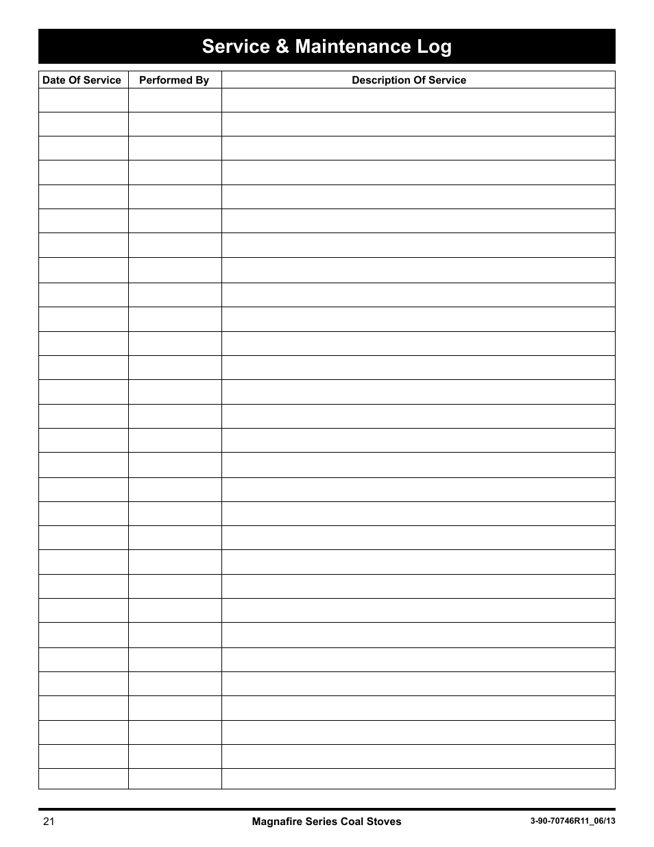 Service & maintenance log | Harman Stove Company Magnafire Series Coal Stoves - Mark I User Manual | Page 21 / 24