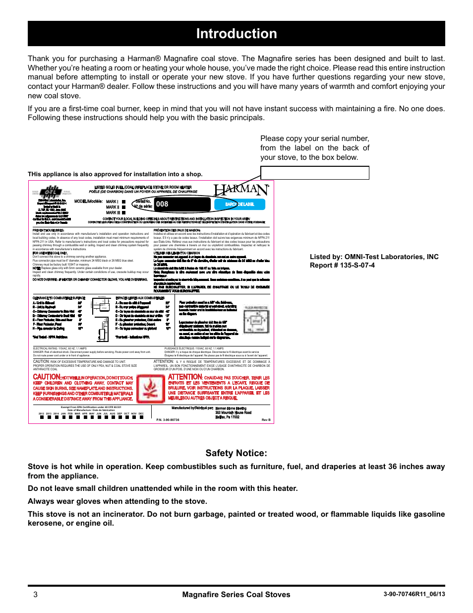 Introduction, Safety notice, Magnafire series coal stoves 3 | Caution, Attention | Harman Stove Company Magnafire Series Coal Stoves - Mark I User Manual | Page 3 / 24