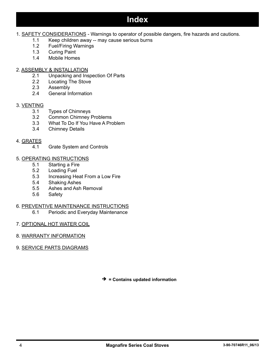Index | Harman Stove Company Magnafire Series Coal Stoves - Mark I User Manual | Page 4 / 24