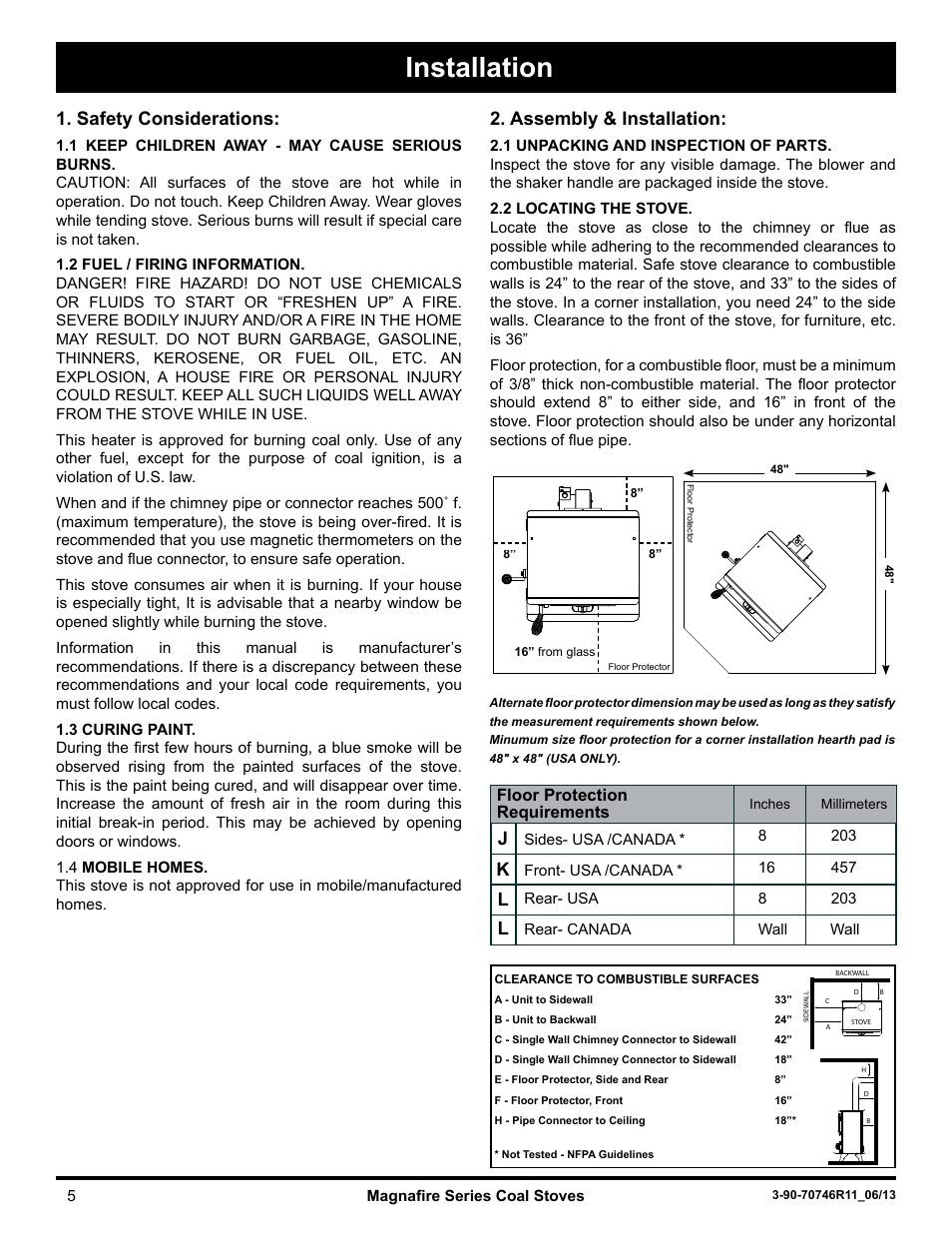 Installation, Safety considerations, Assembly & installation | Harman Stove Company Magnafire Series Coal Stoves - Mark I User Manual | Page 5 / 24