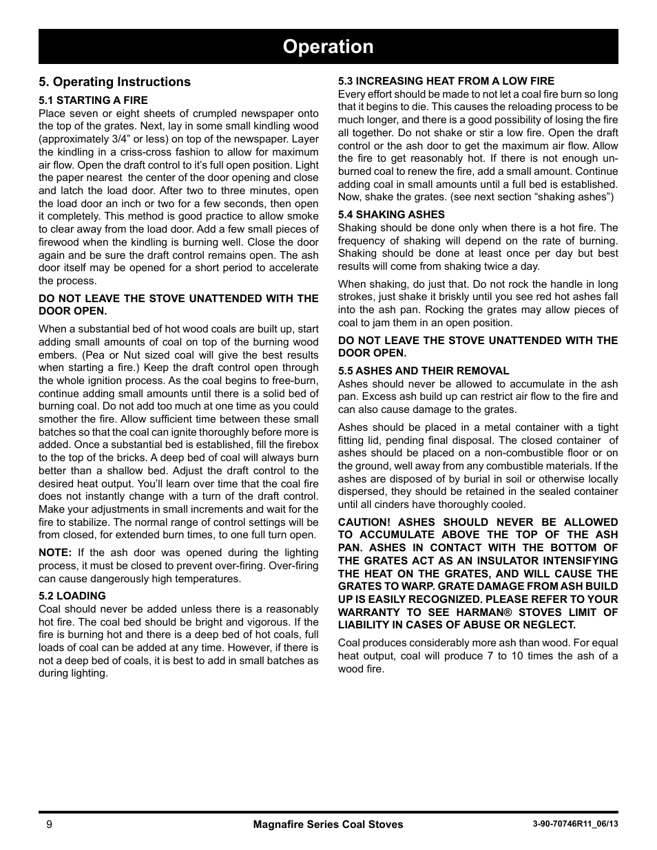 Operation | Harman Stove Company Magnafire Series Coal Stoves - Mark I User Manual | Page 9 / 24