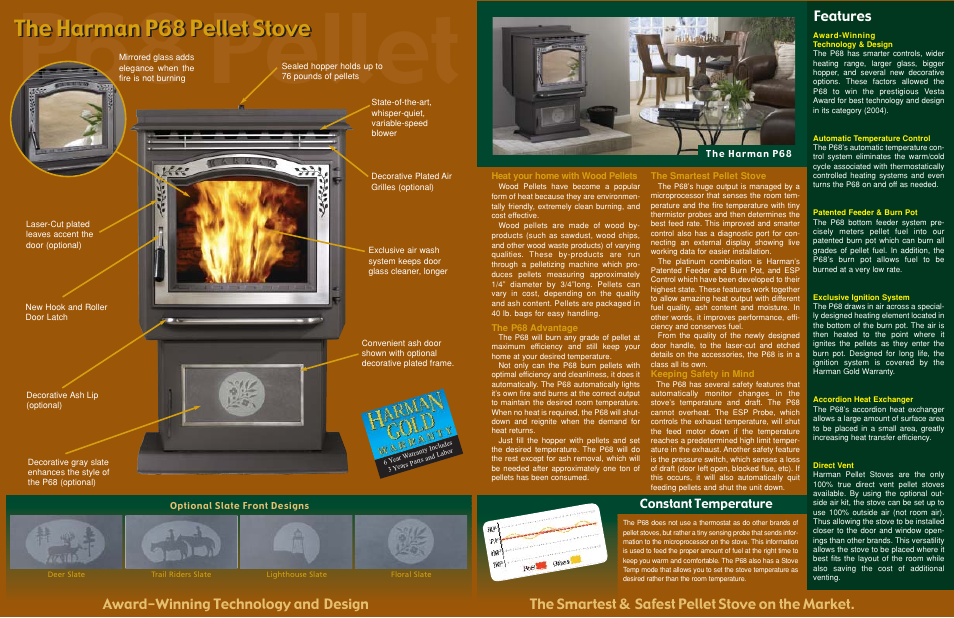 P68 pellet, The harman p68 pellet stove, Features | Constant temperature | Harman Stove Company P68 User Manual | Page 2 / 2