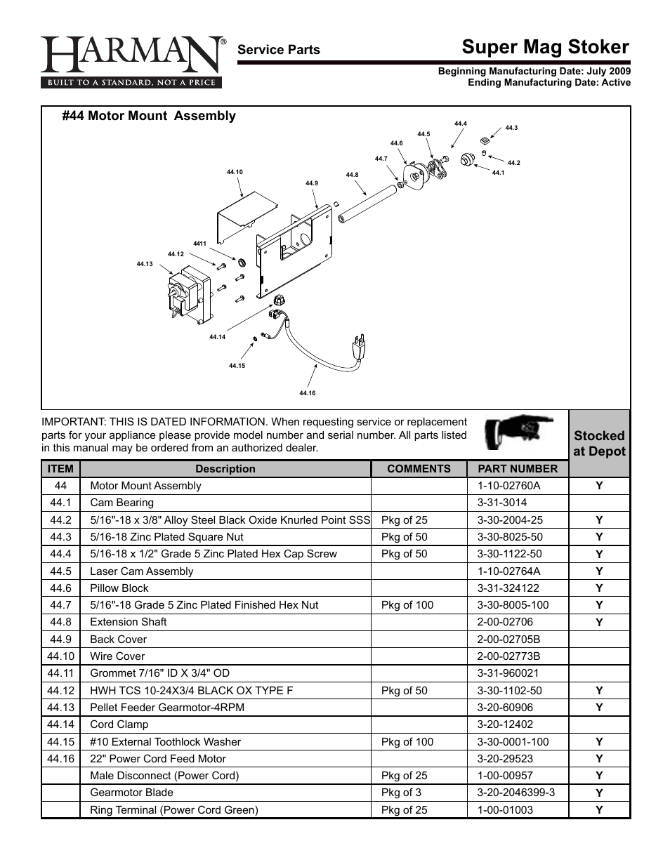 Super mag stoker, Service parts, Stocked at depot | 44 motor mount assembly | Harman Stove Company HARMAN Super Magnum Coal Stoker Stove User Manual | Page 35 / 40