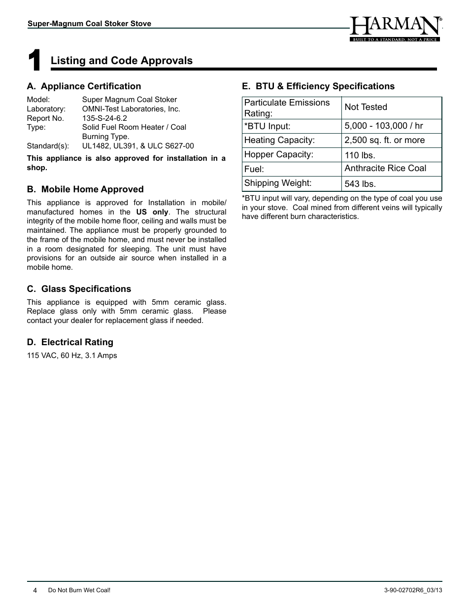 Listing and code approvals | Harman Stove Company HARMAN Super Magnum Coal Stoker Stove User Manual | Page 4 / 40