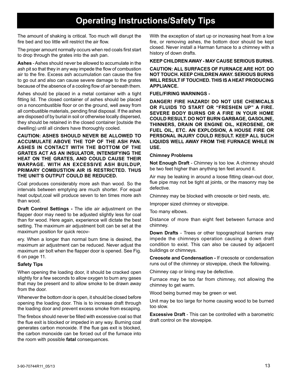 Operating instructions/safety tips | Harman Stove Company Hot Air s SF1500A User Manual | Page 13 / 30