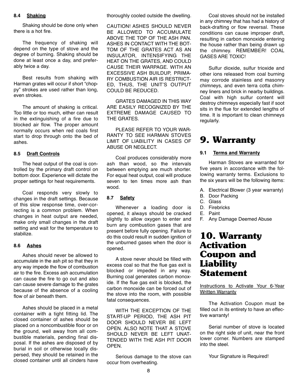 Warranty, Warranty activation coupon and liability statement | Harman Stove Company II User Manual | Page 10 / 15