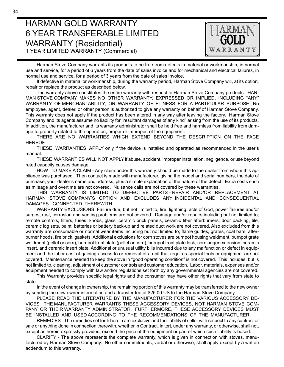 Harman Stove Company XL User Manual | Page 34 / 34