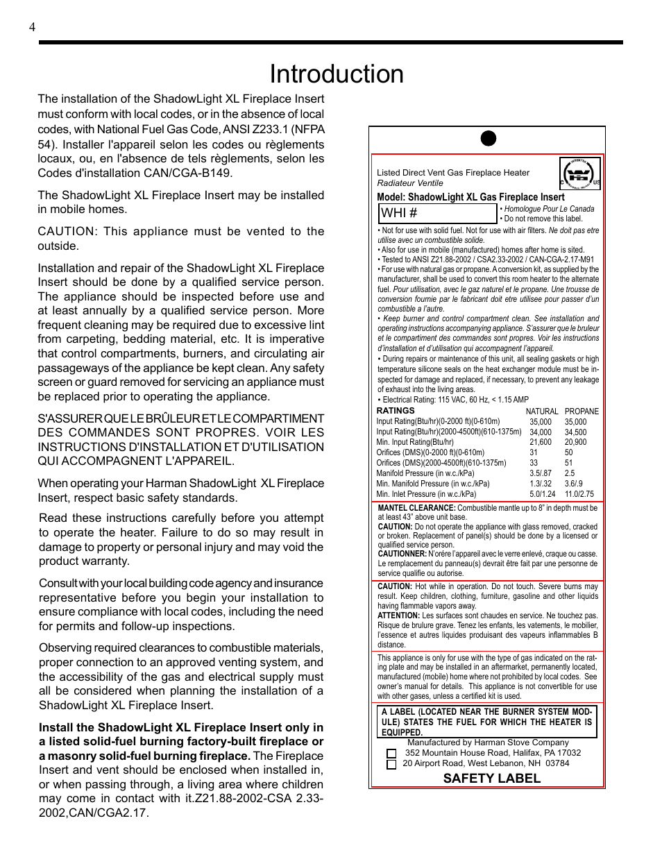 Introduction, Safety label whi | Harman Stove Company XL User Manual | Page 4 / 34