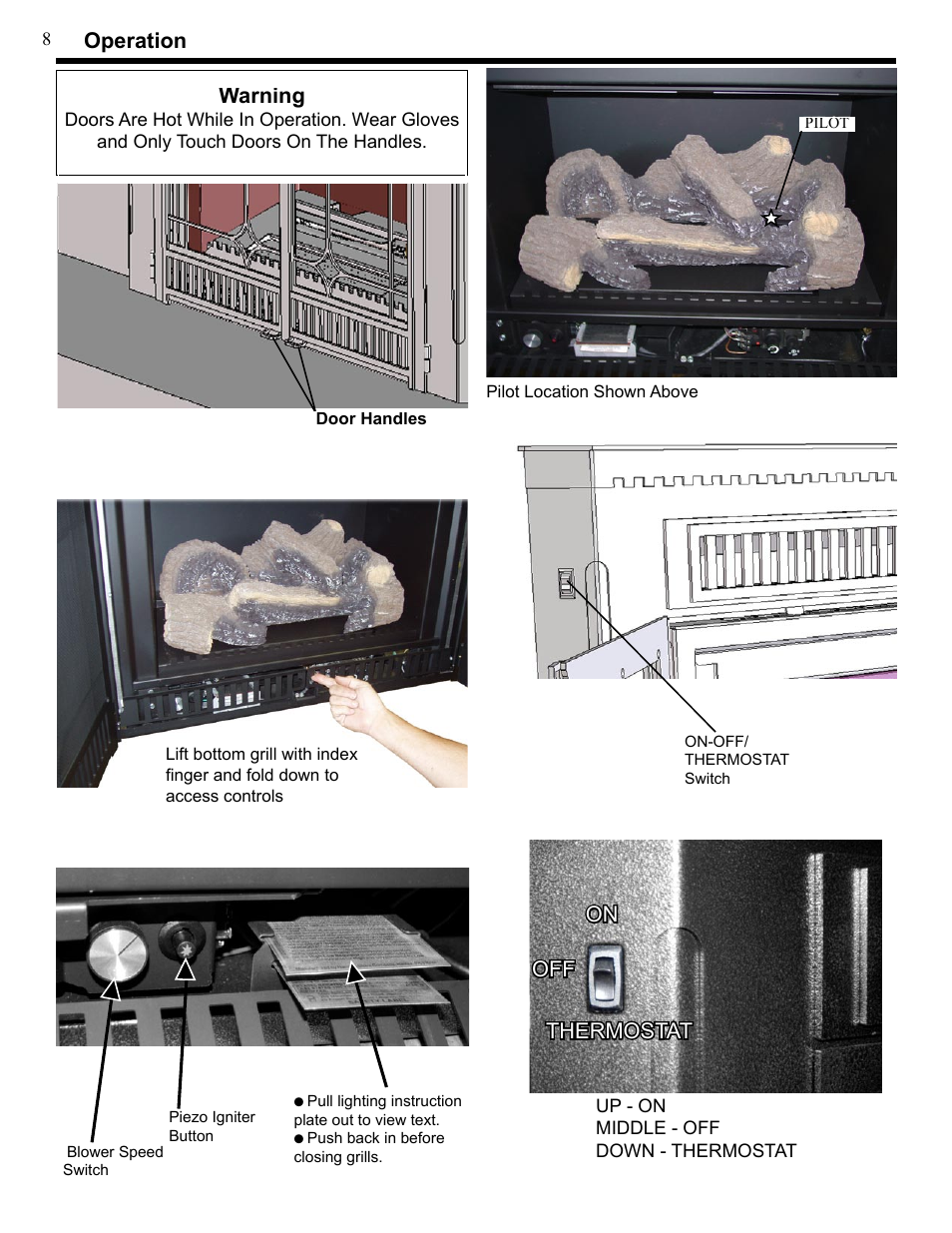 Operation, Warning, On off thermostat | Harman Stove Company XL User Manual | Page 8 / 34
