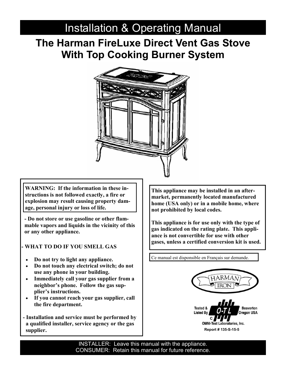 Harman Stove Company FireLuxe Direct Vent Gas Stove With Top Cooking Burner System User Manual | 32 pages