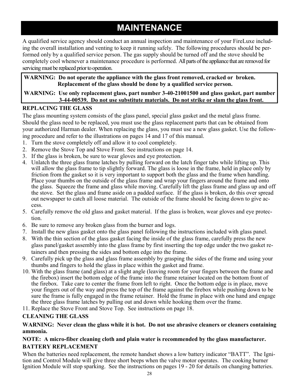 Maintenance | Harman Stove Company FireLuxe Direct Vent Gas Stove With Top Cooking Burner System User Manual | Page 28 / 32
