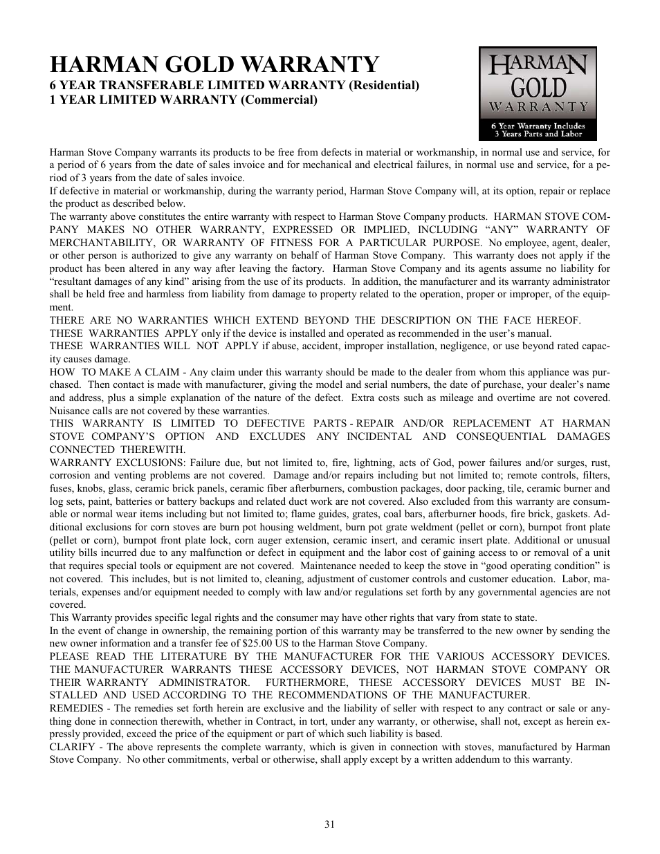Harman gold warranty | Harman Stove Company FireLuxe Direct Vent Gas Stove With Top Cooking Burner System User Manual | Page 31 / 32