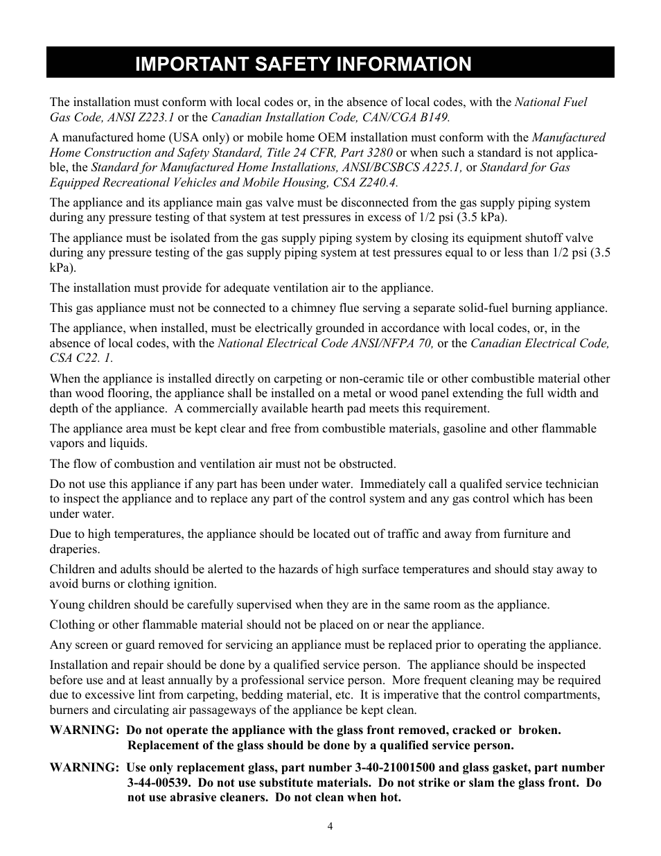 Important safety information | Harman Stove Company FireLuxe Direct Vent Gas Stove With Top Cooking Burner System User Manual | Page 4 / 32