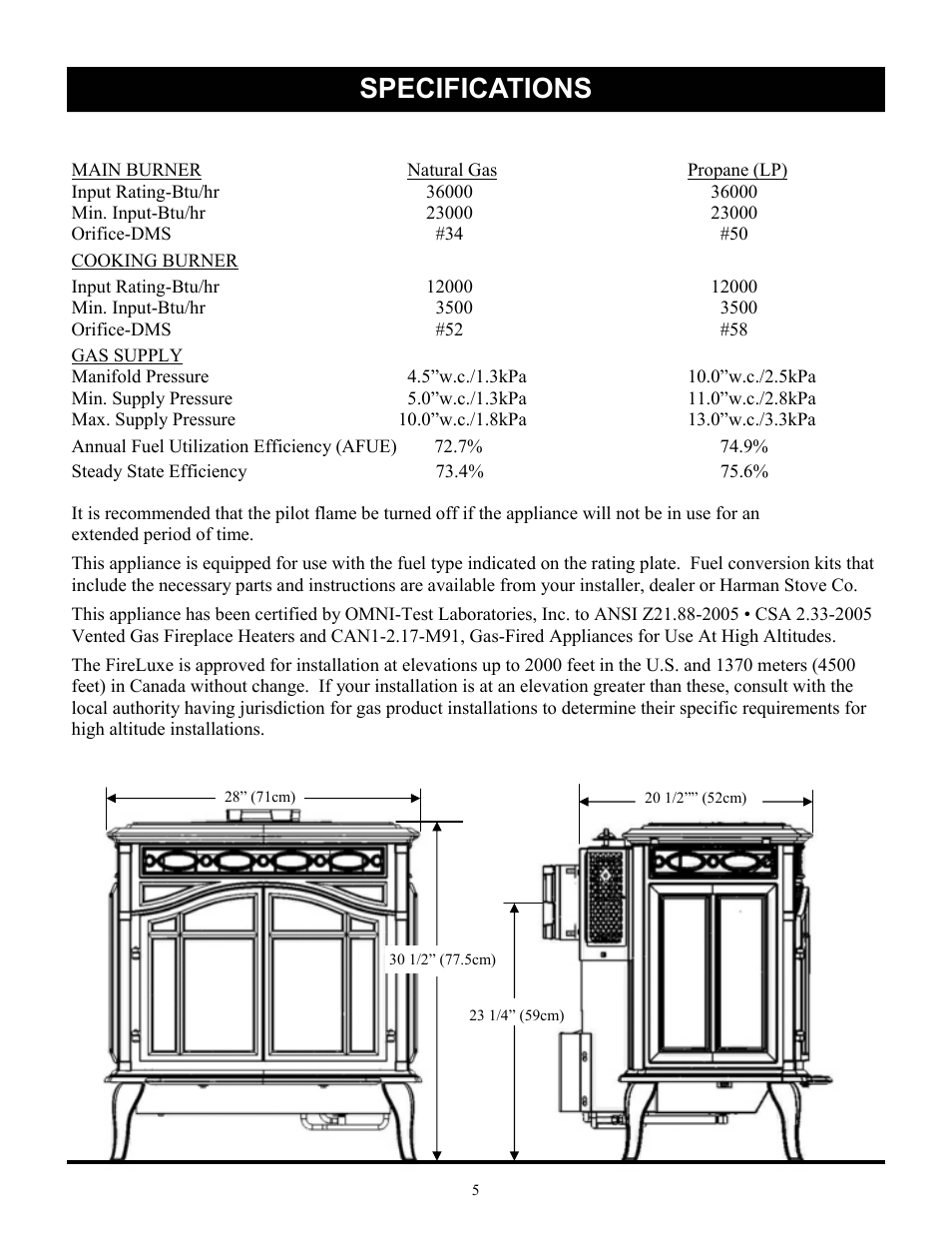 Specifications | Harman Stove Company FireLuxe Direct Vent Gas Stove With Top Cooking Burner System User Manual | Page 5 / 32