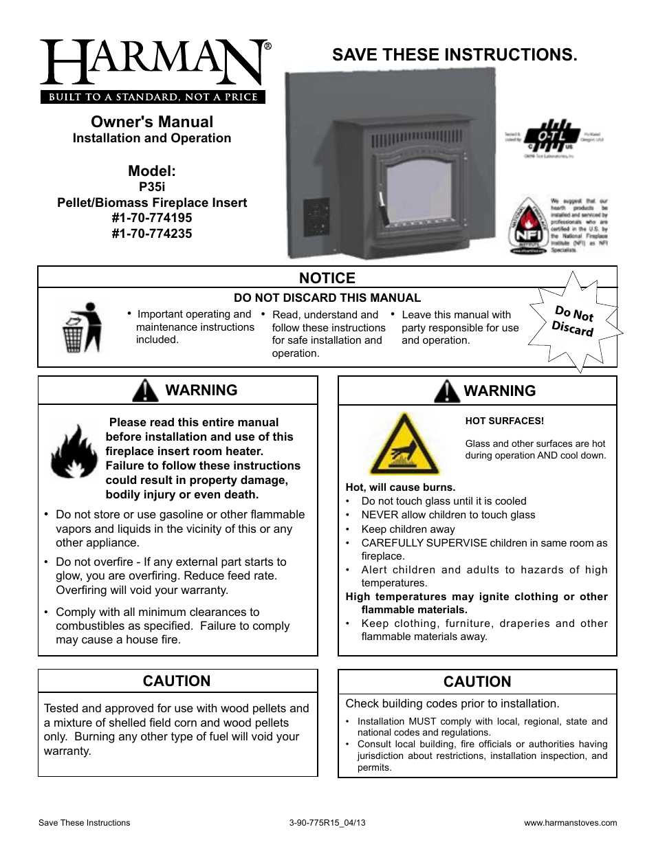 Harman Stove Company P35I User Manual | 50 pages