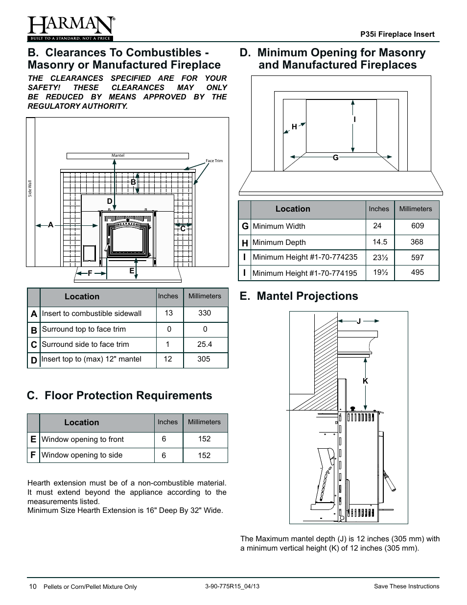 C. floor protection requirements | Harman Stove Company P35I User Manual | Page 10 / 50