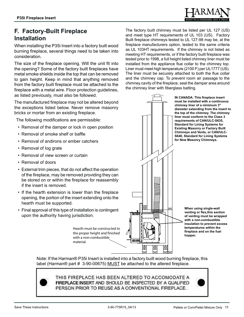 F. factory-built fireplace installation | Harman Stove Company P35I User Manual | Page 11 / 50