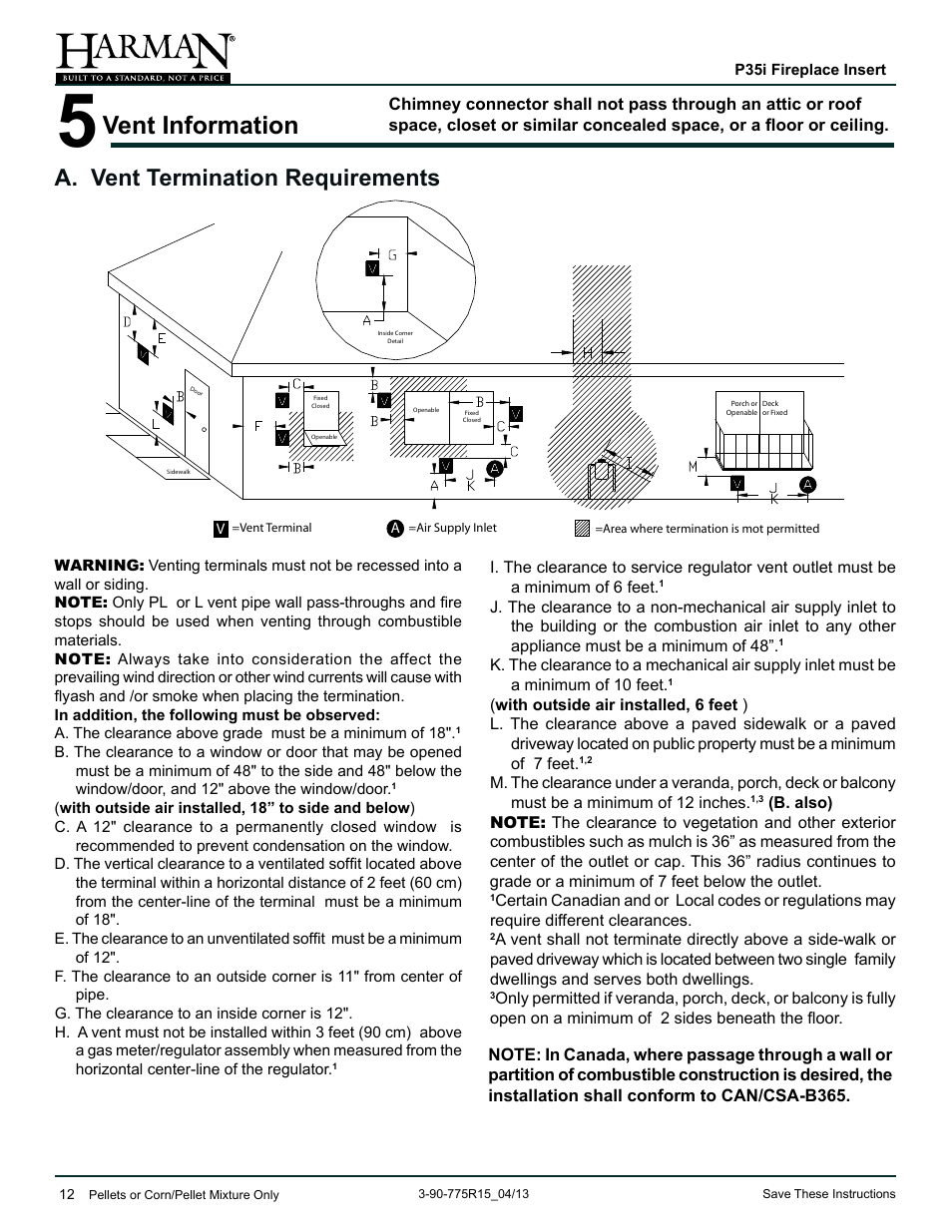 Vent information, A. vent termination requirements | Harman Stove Company P35I User Manual | Page 12 / 50