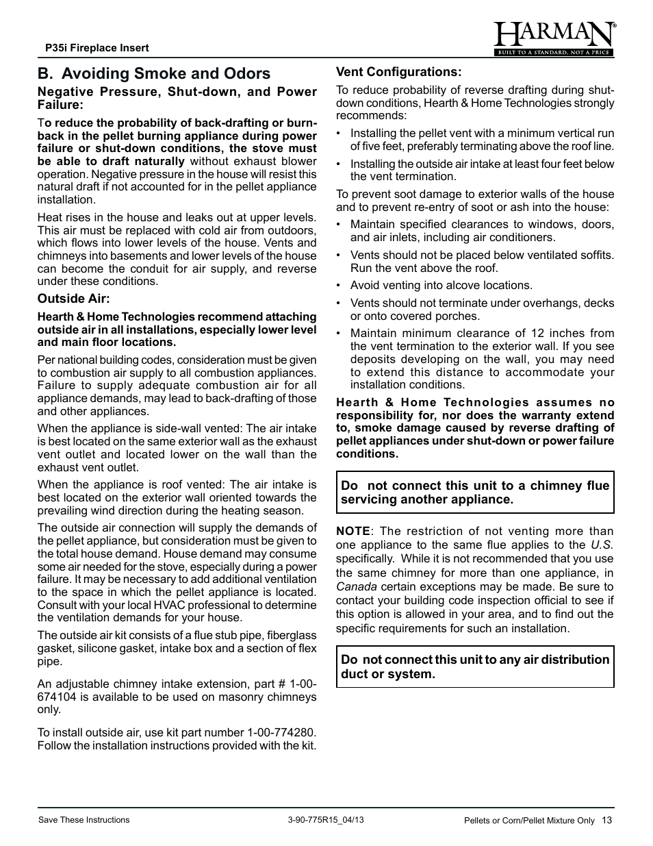 B. avoiding smoke and odors | Harman Stove Company P35I User Manual | Page 13 / 50