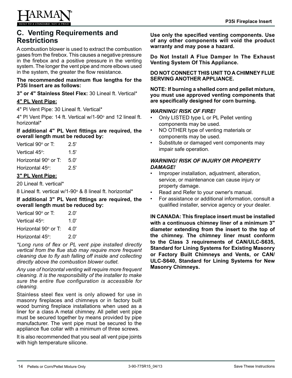 C. venting requirements and restrictions | Harman Stove Company P35I User Manual | Page 14 / 50