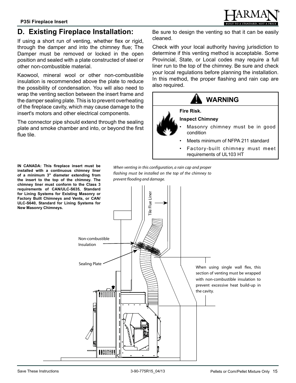 D. existing fireplace installation, Warning | Harman Stove Company P35I User Manual | Page 15 / 50
