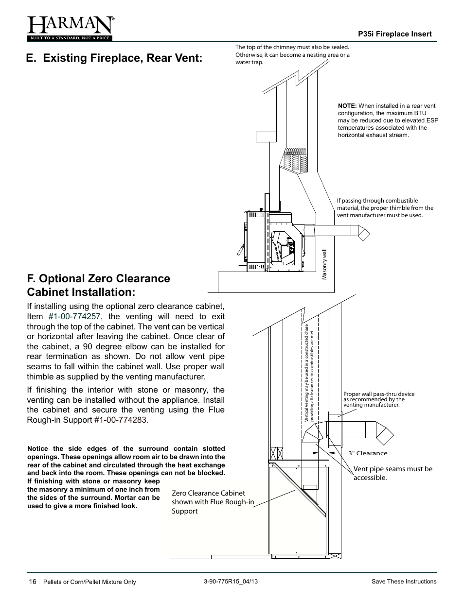 F. optional zero clearance cabinet installation, E. existing fireplace, rear vent | Harman Stove Company P35I User Manual | Page 16 / 50