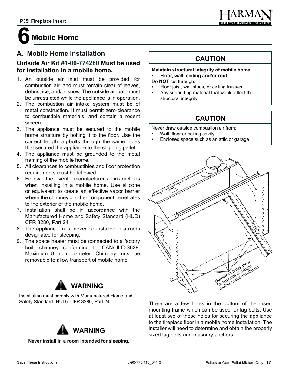 Mobile home, A. mobile home installation, Caution | Warning | Harman Stove Company P35I User Manual | Page 17 / 50