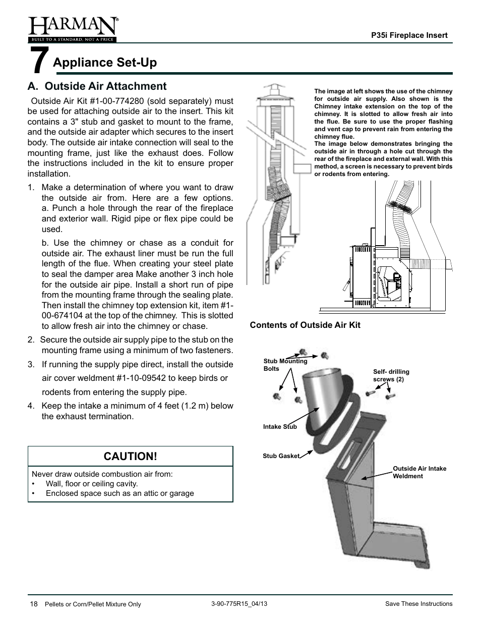Appliance set-up, A. outside air attachment, Caution | Harman Stove Company P35I User Manual | Page 18 / 50