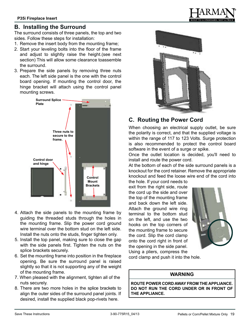 C. routing the power cord, B. installing the surround | Harman Stove Company P35I User Manual | Page 19 / 50