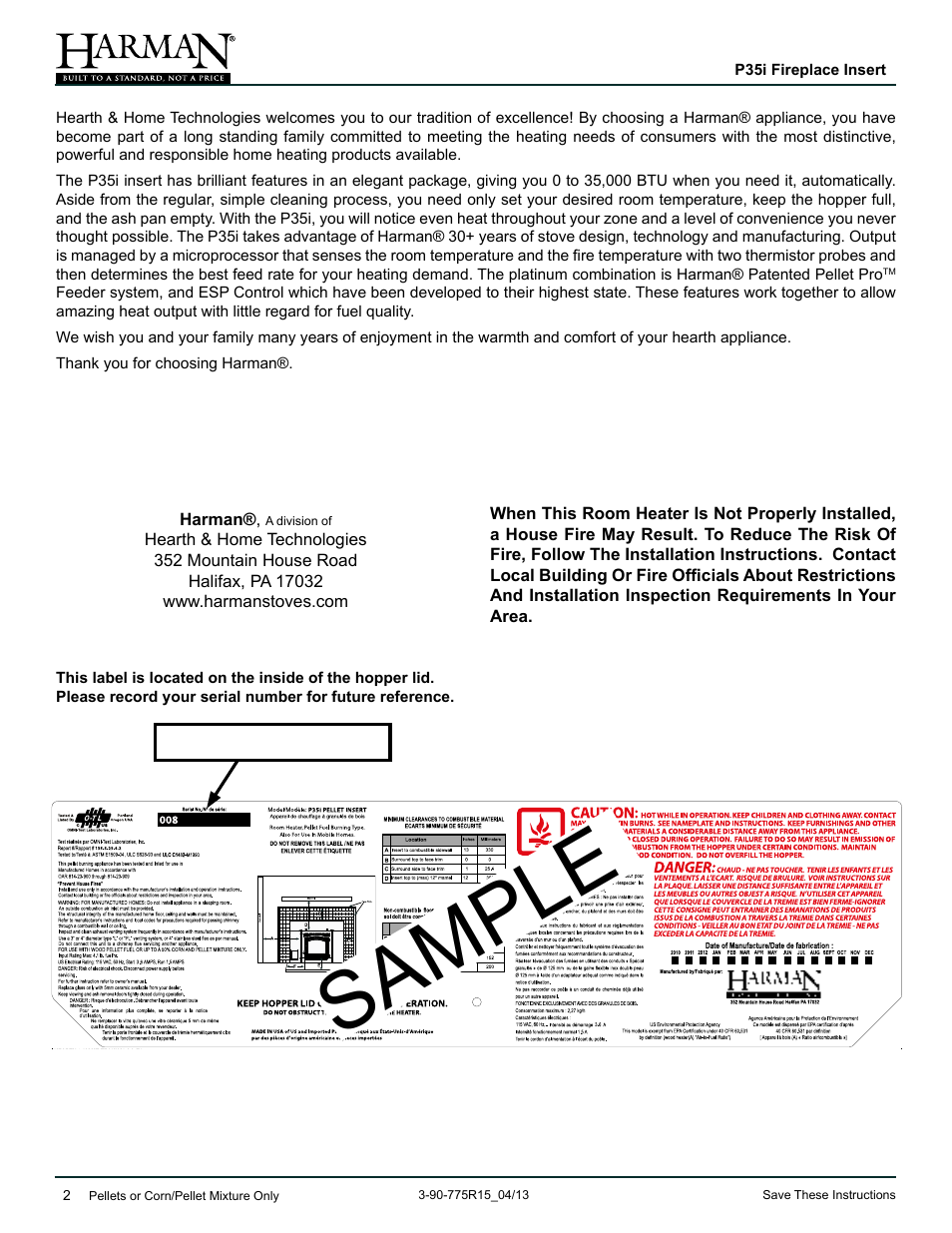 Sample | Harman Stove Company P35I User Manual | Page 2 / 50
