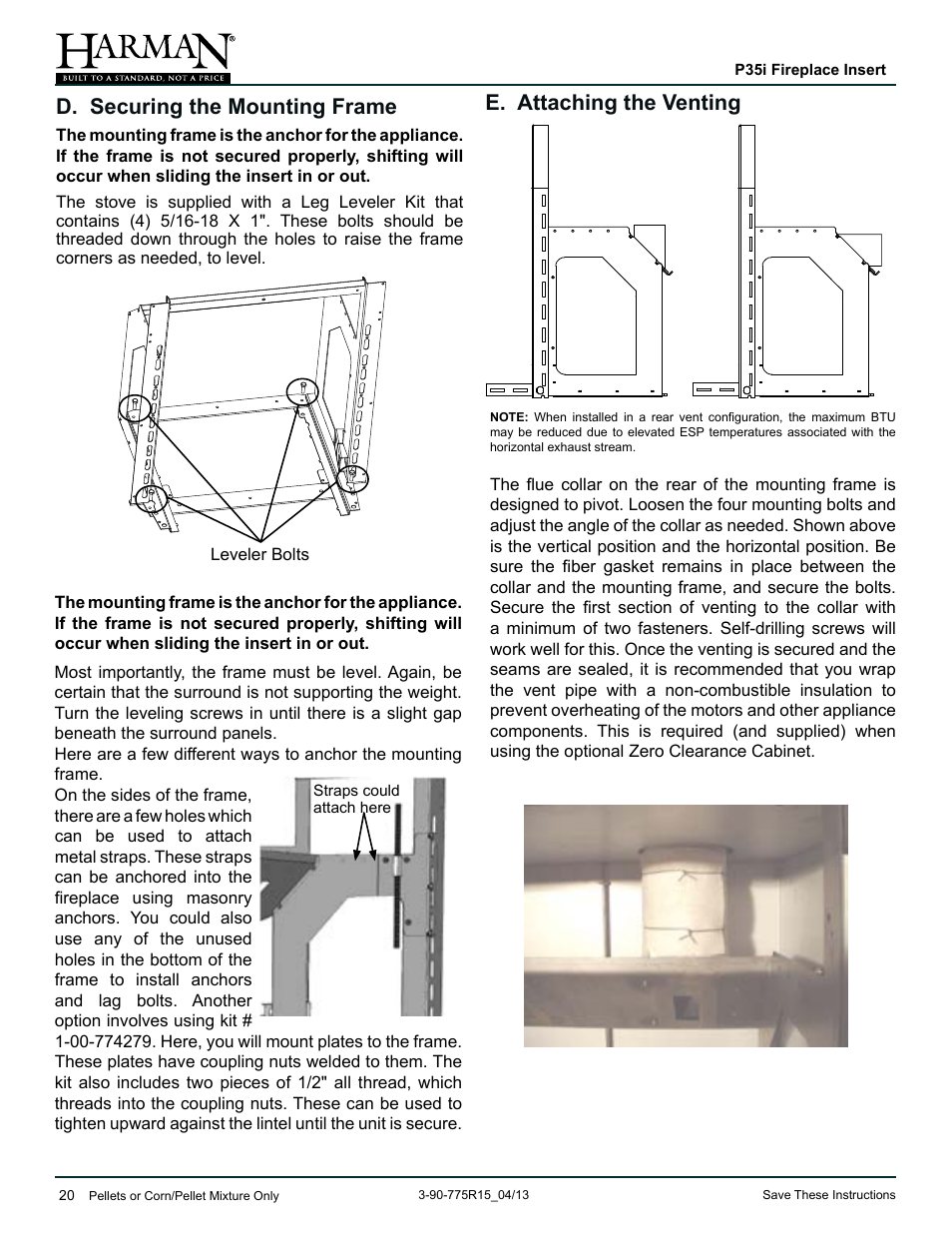 E. attaching the venting, D. securing the mounting frame | Harman Stove Company P35I User Manual | Page 20 / 50