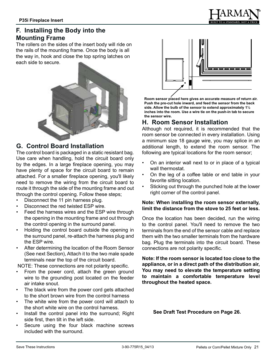 G. control board installation, H. room sensor installation, F. installing the body into the mounting frame | Harman Stove Company P35I User Manual | Page 21 / 50