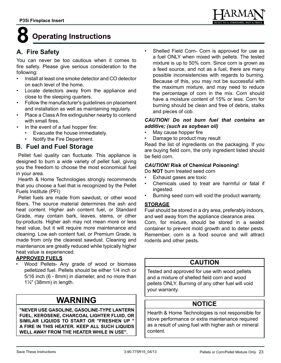 Warning, Operating instructions | Harman Stove Company P35I User Manual | Page 23 / 50