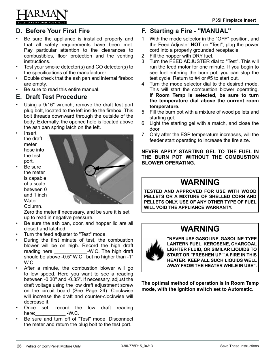 Warning, D. before your first fire, E. draft test procedure | F. starting a fire - "manual | Harman Stove Company P35I User Manual | Page 26 / 50