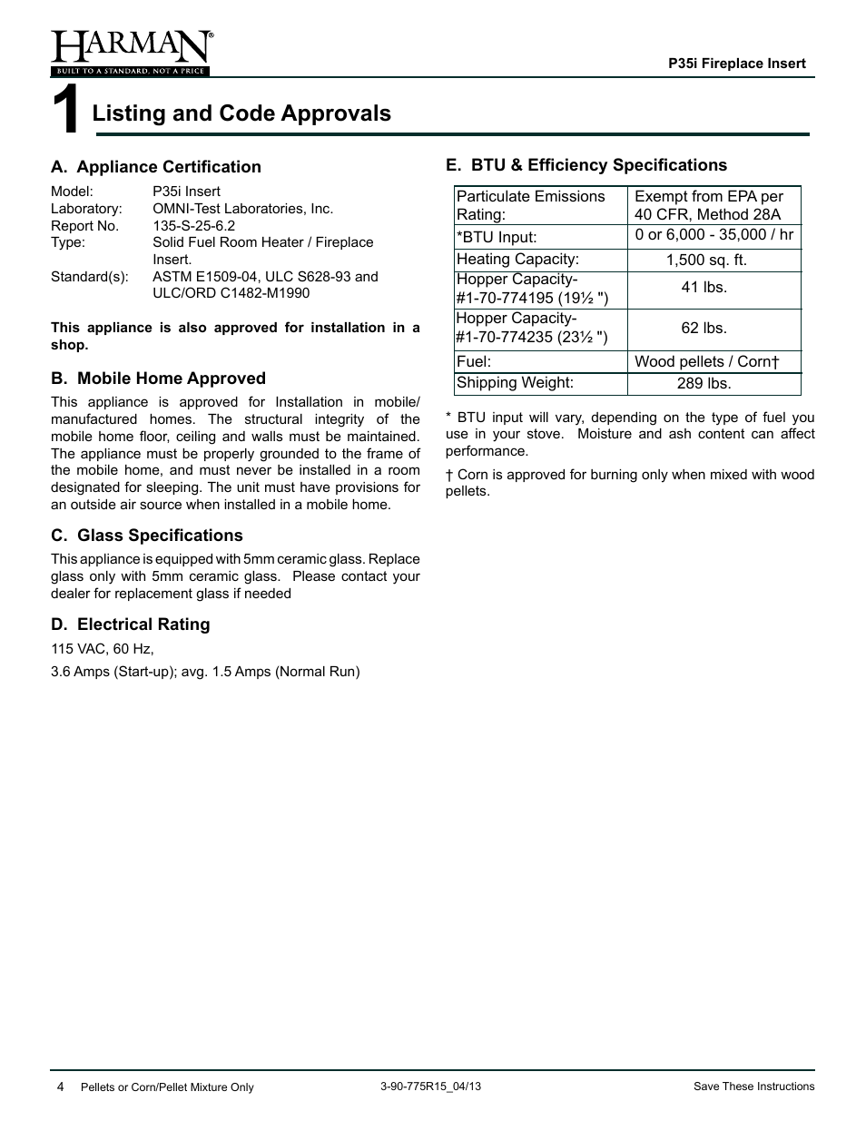 Listing and code approvals | Harman Stove Company P35I User Manual | Page 4 / 50