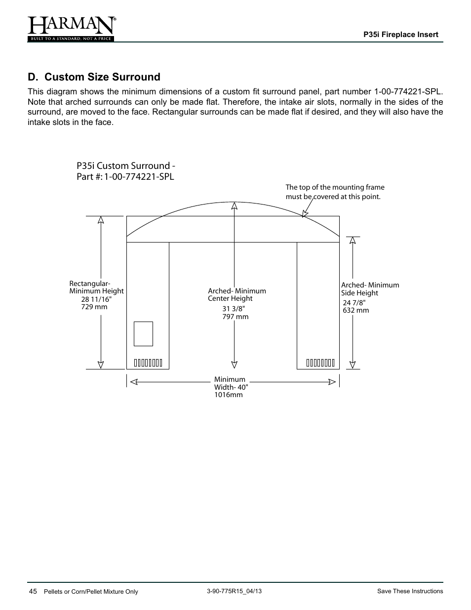 D. custom size surround | Harman Stove Company P35I User Manual | Page 45 / 50