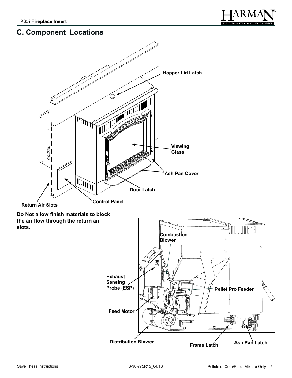 C. component locations | Harman Stove Company P35I User Manual | Page 7 / 50