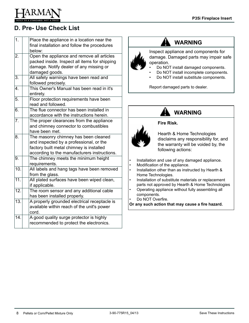 D. pre- use check list, Warning | Harman Stove Company P35I User Manual | Page 8 / 50