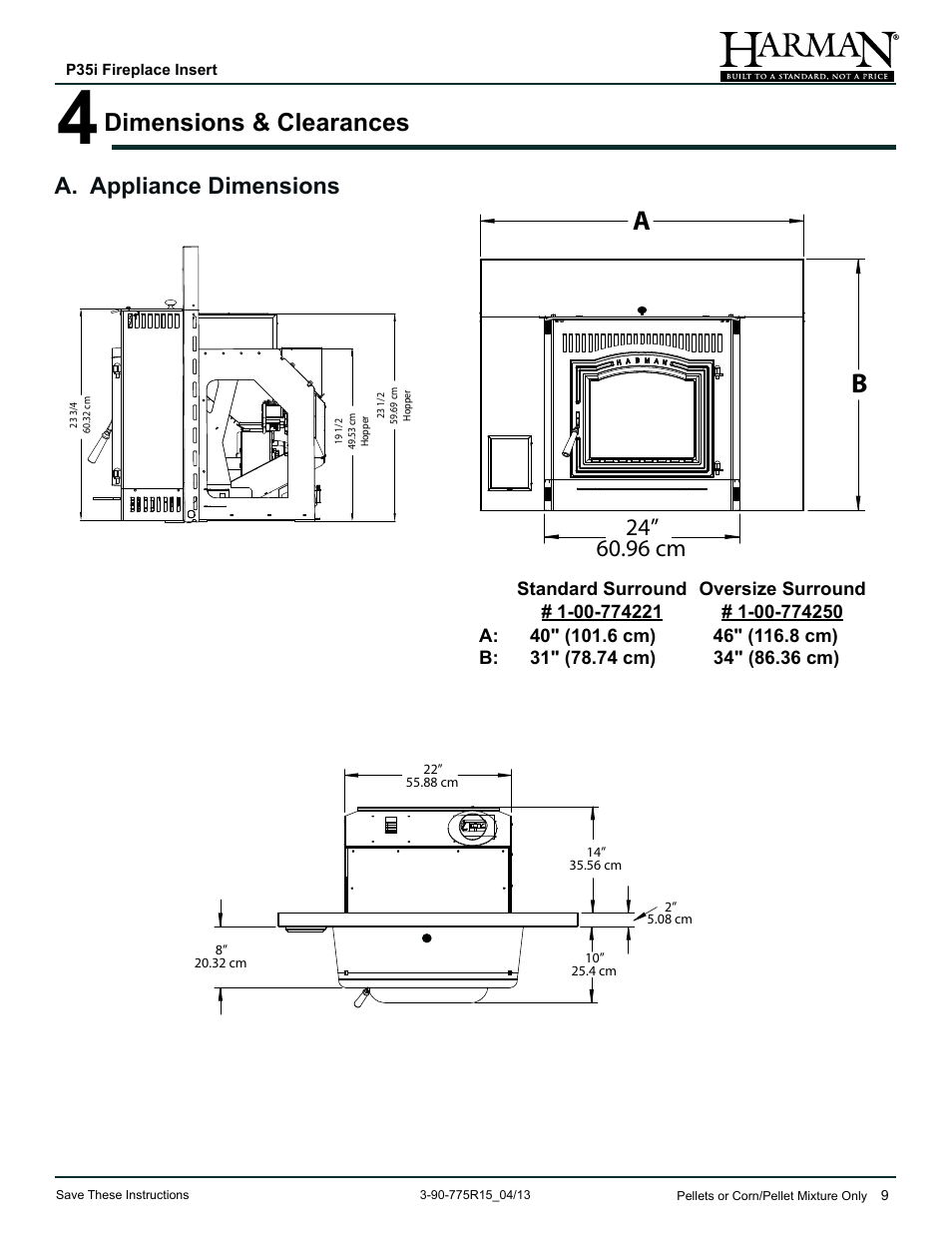 Dimensions & clearances, A. appliance dimensions | Harman Stove Company P35I User Manual | Page 9 / 50