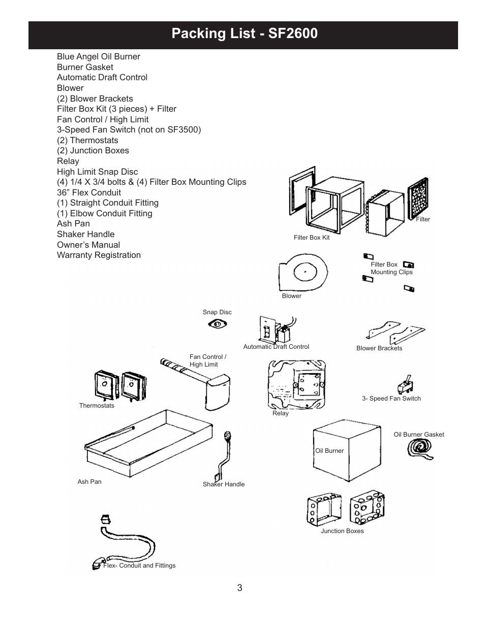 Packing list - sf2600 | Harman Stove Company SF2600A User Manual | Page 3 / 20